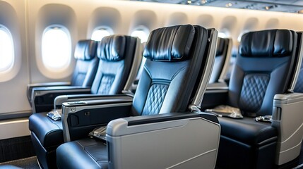 Obraz premium Luxurious Business Class Cabin with Reclining Seats and Sleek Armrests in Private Jet Interior