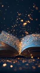 Open magic book with warm glowing lights on dark blue background. Concept of Fantasy, Mystery, Wisdom, Magical