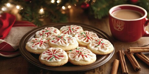 Fototapeta premium A plate of decorated holiday cookies sits next to a mug of warm coffee, with cinnamon sticks nearby and a festive background of holiday greenery and decorations.
