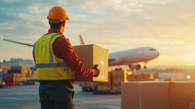 Air freight operations and customs clearance process, logistics worker handling cargo shipment at airport with airplane in background under golden light, global trade and transportation industry