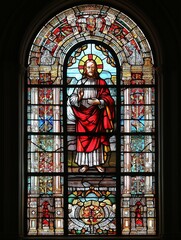 Close-up of a stained glass window with the figure of Christ