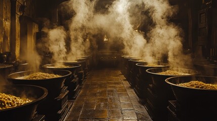 Rows of large cooking pots steaming in a dimly lit room.