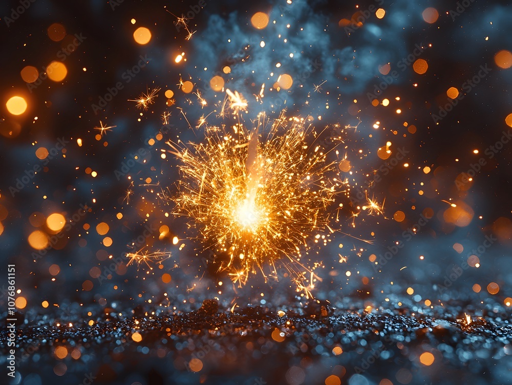 Poster Captivating Sparkler Illuminates a Dark Background with Glowing Bokeh Highlights, Creating a Magical and Festive Atmosphere Perfect for Celebrations and Events