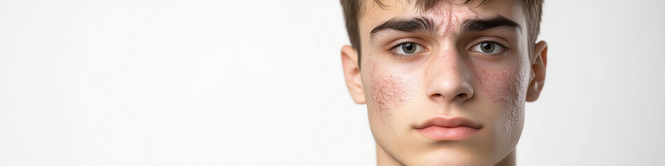 Obraz premium A young man with expressive eyes and a serious expression faces the camera against a plain background in a studio setting. Generative AI