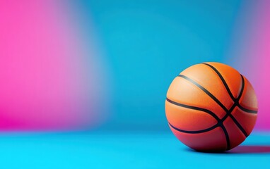 A vibrant basketball resting on a colorful gradient background.