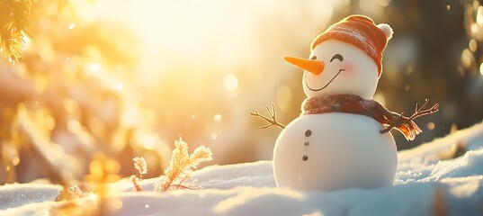 Obraz premium Small Snowman in Cozy Winter Attire with Red Christmas Ornament.