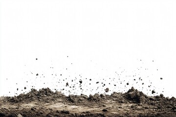 Dynamic Shot of Soil Clumps in Mid-Air with Scattered Particles on White Background