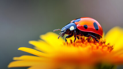 Obraz premium A ladybug resting on a vibrant yellow flower in a serene garden during the warm hours of a sunny day