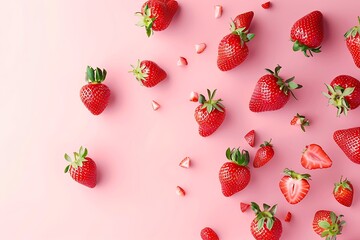 Strawberries fly in the air on a pink background. The concept of healthy food