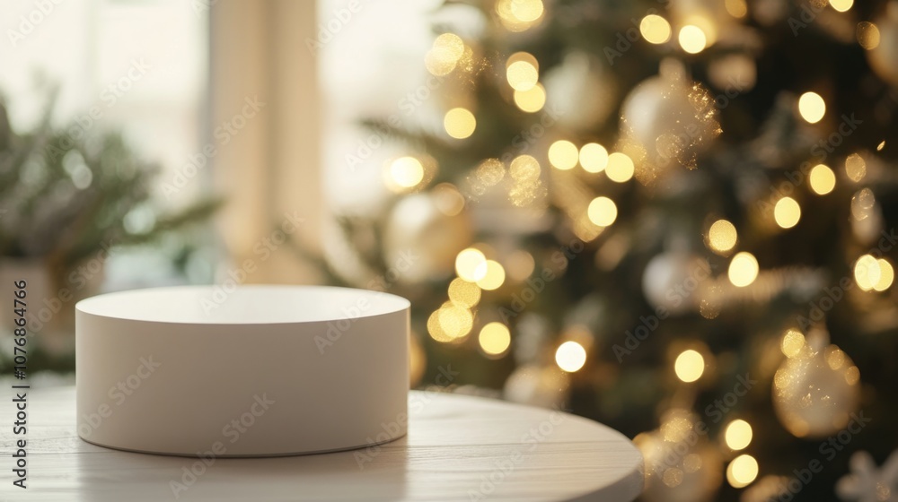 Aufkleber a minimalist white round display stand rests on a wooden table, surrounded by glowing christmas ligh