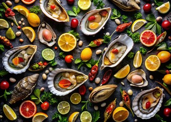 Vibrant  Pattern of Seafood and Citrus Featuring Oysters, Shells, and Fruits for Unique Night Photography Inspiration