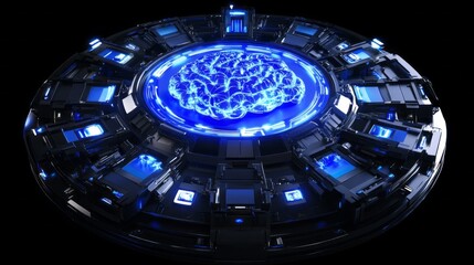 A blue and black image of a brain with a blue background