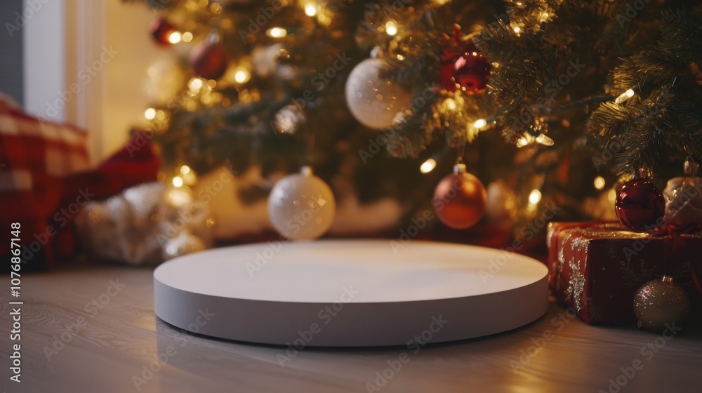 Poster a white round platform sits on a wooden floor in front of a decorated christmas tree. the tree is li