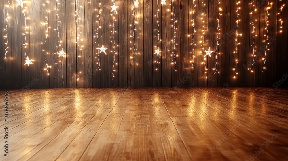 Wall mural Warm wooden holiday scene with sparkling starry string lights and cozy atmosphere