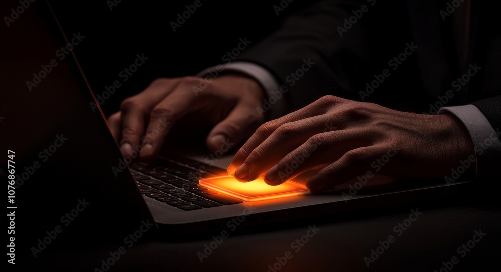 Poster a businessman enters username and password on a keyboard laptop computer to protect the technology s