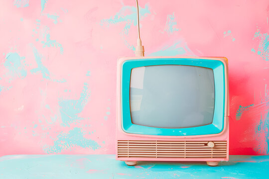 Simple composition with retro tv on pastel background