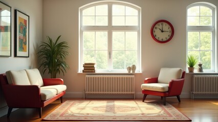 Fototapeta premium Retro clock for vintage office aesthetics. Sunlit room with modern art, a red chair, a vibrant clock, and a potted plant. Warm tones create a cozy ambiance.
