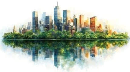 Obraz premium Watercolor illustration of a city skyline with a park and a lake.