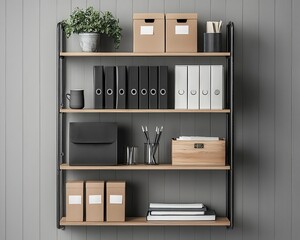 Wooden and metal document storage unit with clean lines, creating a modern and functional workspace