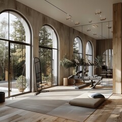 Fototapeta premium Modern Home Gym with Arched Windows and Wooden Flooring - 3D Illustration