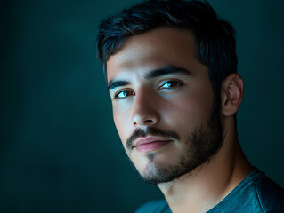 Fototapeta premium Portrait of a Young Man with a Serious Expression, Dark Hair, and a Beard