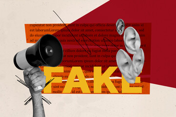 Creative picture collage loudspeaker bullhorn information ears listen news propaganda mind control fake lie announce literature text