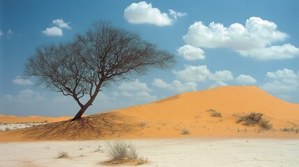 A dead tree stands tall amidst dunes, its barren branches reaching into the blue sky, a relic of life in the desert