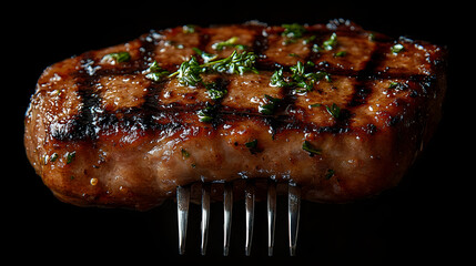 A juicy, perfectly grilled pork chop on the end of a fork against a dark background, capturing the rich, mouthwatering texture, tenderness, and flavor of expertly cooked meat, highlighting themes of g