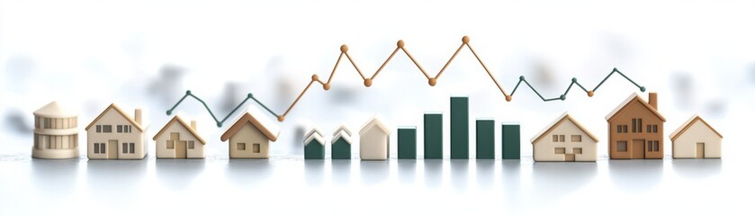 A stylized graphic illustrating various house shapes alongside a fluctuating financial graph, symbolizing real estate trends and market dynamics.