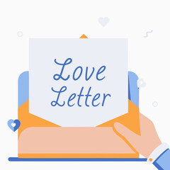 A hand holding an open envelope with the words Love Letter written on it. The envelope is orange and blue