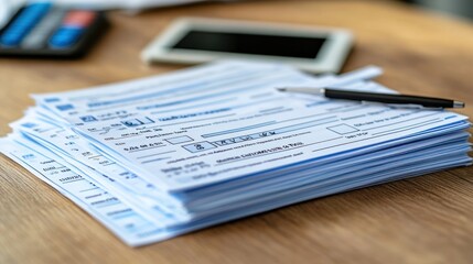 Obraz premium Stack of tax forms on a desk with a pen and a smartphone.