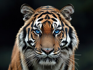 Fototapeta premium close up hyper realistic photograph of tiger face, showcasing its striking blue eyes and detailed fur patterns. image captures majestic and fierce expression of this magnificent animal