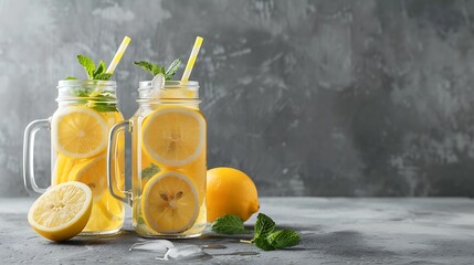 Refreshing Lemonade Jars with Lemon Slices and Mint