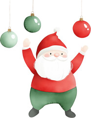 Fototapeta premium A joyful Santa Claus character wearing a red outfit, celebrating with colorful holiday ornaments.