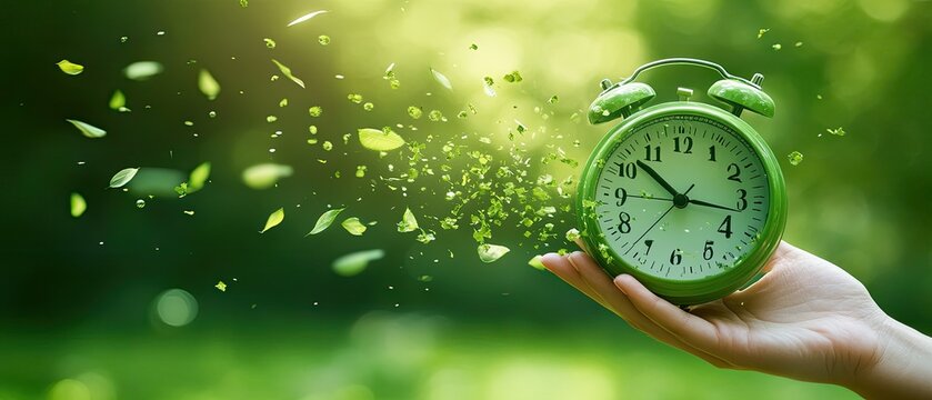 Green alarm clock with leaves exploding from it in a hand against a blurred background of green foliage.