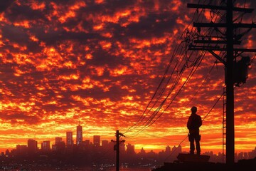 Fototapeta premium Silhouette of a Worker Against a Fiery Sunset Over a Cityscape
