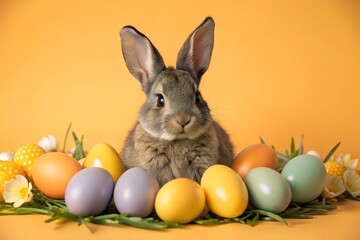 Cute Bunny with Colorful Easter Eggs. Adorable bunny surrounded by pastel-colored Easter eggs and flowers, set against a warm yellow background, capturing a festive spring vibe