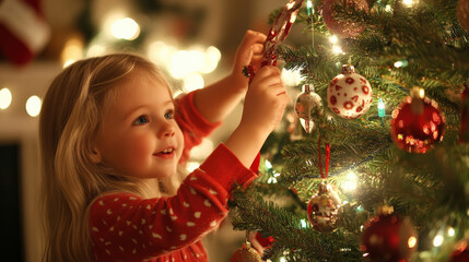 Child decorating Christmas tree with ornaments, joyful expression, warm lights, festive atmosphere, holiday spirit, family tradition, cozy home, winter celebration, cheerful moment