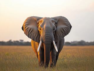 Obraz premium Majestic African elephant standing in golden grassland at sunset, showcasing its grandeur and beauty in serene environment