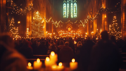 Obraz premium warm and festive Christmas mass scene with people gathered in beautifully decorated church, illuminated by candles and adorned with Christmas trees