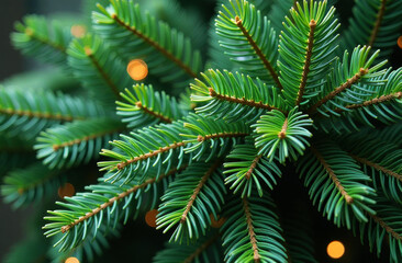 Fototapeta premium Evergreen tree branches display vivid green needles along with intricate patterns and textures under natural light