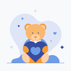 A teddy bear is holding a heart in its mouth. The heart is blue and the bear is orange. Concept of love and warmth