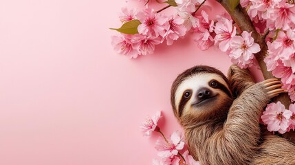 Obraz premium A baby sloth hanging lazily from a flowering tree branch, surrounded by delicate pink cherry blossoms, flower, cute animal, relaxation, nature