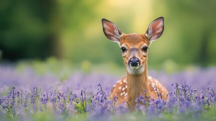 A fawn resting in a field of bluebells, the delicate flowers framing its peaceful face, flower, cute animal, calm, beauty