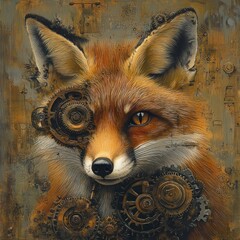 Fototapeta premium A red fox with steampunk gears and cogs on its face.