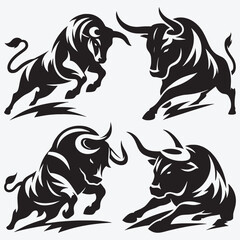 Obraz premium Set of Bull Silhouette Clip Art Vector Illustration Isolated on White Background