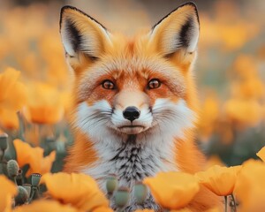 Obraz premium A fox resting among a field of golden poppies, its orange fur blending with the vibrant flowers, flower, cute animal, harmony, nature