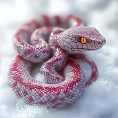 Obraz premium White and red snake with glitter and sparkle on scales, on shiny snow, against the background of New Year's lights, against a light background. New Year Christmas symbol of 2025 year of the Snake