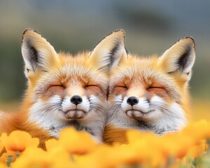 Fototapeta premium A fox resting among a field of golden poppies, its orange fur blending with the vibrant flowers, flower, cute animal, harmony, nature