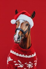 Festive Horse in Santa Hat Christmas Sweater Red Background